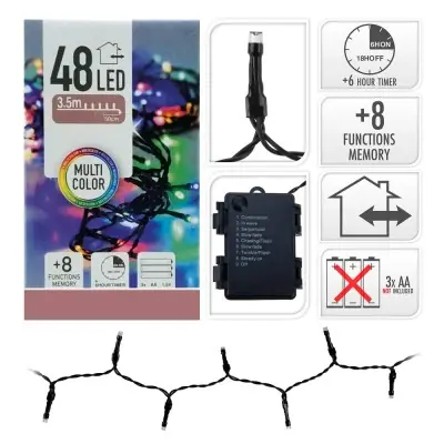Guirnalda a pilas, multifunción, uso exterior, multicolor, 48 leds, 3,5 m