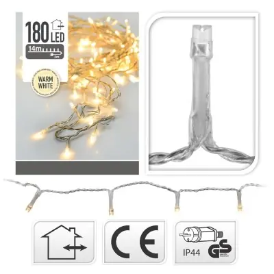 Guirnalda con función fija, uso exterior, blanco cálido, cable transparente, 180 leds, 13,50 m