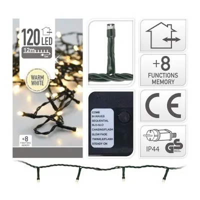 Guirnalda multifunción, uso exterior, blanco cálido, 120 leds, 12 m