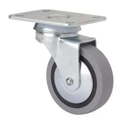 Rueda giratoria de goma con placa y eje liso, color gris, carga máx. 17 kg, ø 4 cm